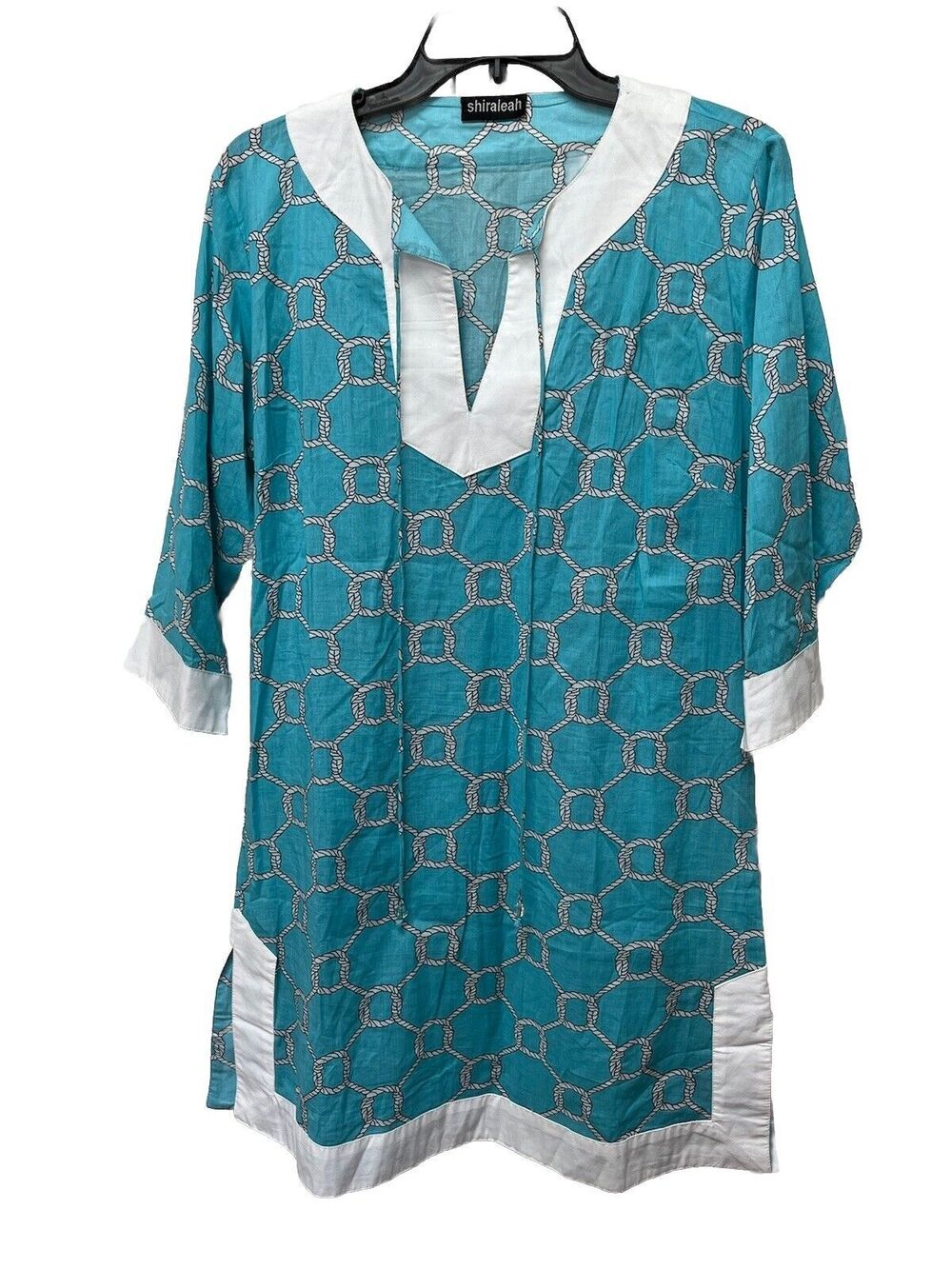 Shiraleah Blue & White Nautical Knot Pool Beach Tunic Cover Up Turquoise Sz L